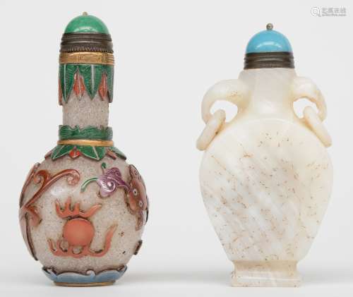 Two Chinese snuff bottles, polychrome relief moulded glas and semi-precious stones, one marked, ca. 1900, H 8 - 8,5 cm 
