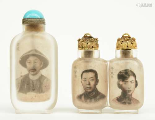 Two Chinese inside-painted glass snuff bottles, one painted with the portrait of Yixuan Prince Chun (1840-1891) father of the emperor Guangxu and grandfather of the emperor Xuantong (Puyi), the other with a double body and painted with a double portrait of Zhang Xueliang and his wife, Yu Fengzi, Zhang Xueliang  (Haicheng, 1901 – Honolulu (Hawaï), 2001), singed Ma Shaoxuan (1869- 1939) and dated Wu Chen 1928, H 7 - 9 cm (one with chips on the bottom rim)