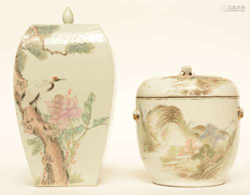 A Chinese polychrome quadrangular ginger pot and cover and a bowl and cover, painted with mountanious landscapes and a bird on a flower branch, H 21,5 - 32 cm (chip on the rim)