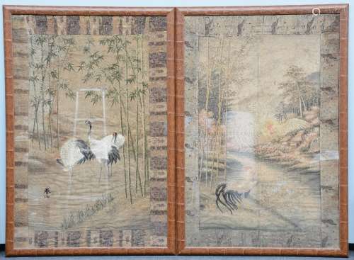 Two Japanese embroidered tapestries, one depicting cranes in a river landscape and one depicting cockerels in a ditto landscape, Edo period, 19thC, 167 x 109,5 cm