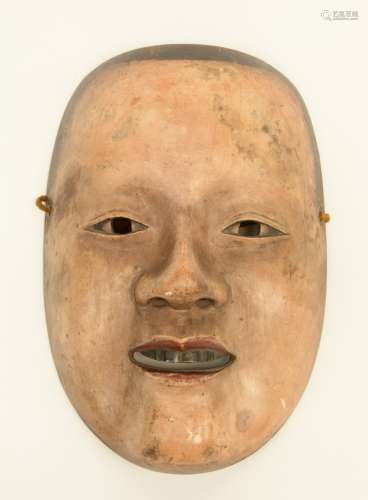 An 18thC lacquered cypress wood Noh theater mask, inside with the name of the character and the signature of the artist, H 20cm.