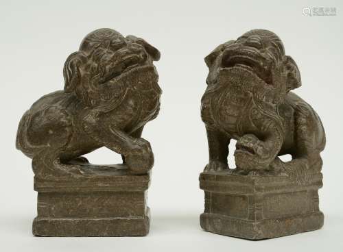 A pair of Chinese stone Fu lions, H 19 cm