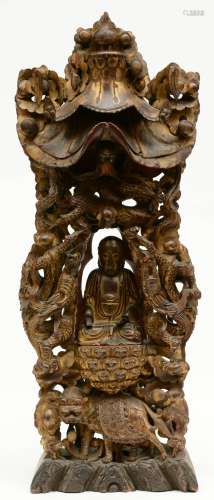 A Chinese gilt and polychrome dry-lacquer wooden temple, with a seating Buddha and rich open-work carvings, Ming, 17thC, H 91,5 - W 37,5 cm (minor damage)