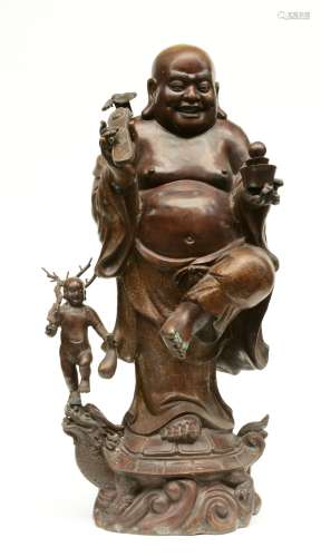 A Chinese bronze Budai with child, gilt decorated, on a mythical tortoise, H 95 cm (minor damage and oxidation)