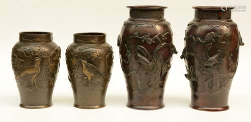 Two pair of Chinese bronze vases, relief moulded with birds on flower branches, marked, H 26 - 36 cm