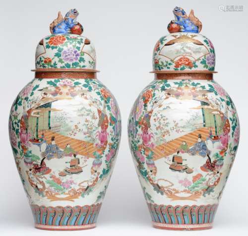 A large pair of exceptional Japanese polychrome vases, decorated with animated scenes, birds and flowers, marked, 19thC, H 95 cm (one vase with a crack in the bottom)