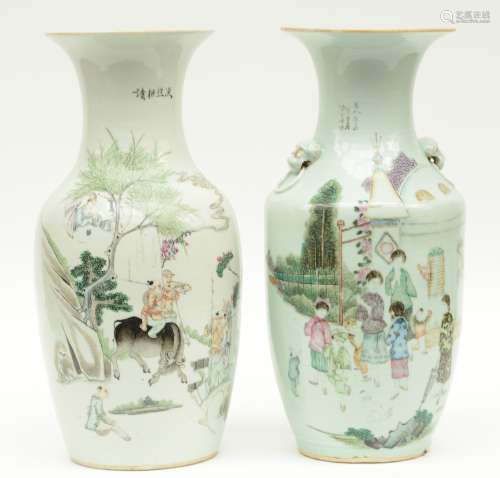 Two Chinese polychrome decorated vases, one with children paying in a garden, one depicting with figures and a buffalo, H 43,5 cm (chips on the bottom rim)