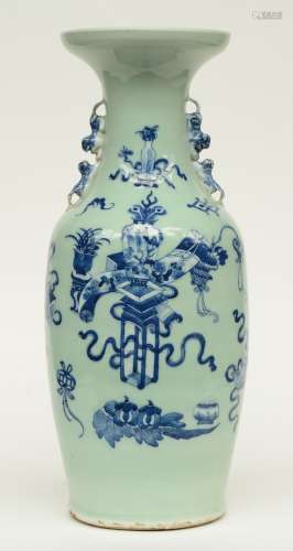 A Chinese celadon ground blue and white vase, decorated with vases of flowers and antiquities, 19thC, H 60,5 cm