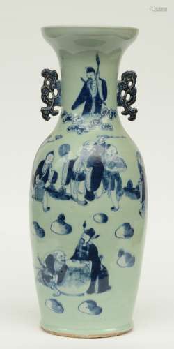 A Chinese celadon ground blue and white vase, decorated with the Eight Immortals, 19thC, H 61 cm (crack on the bottom)