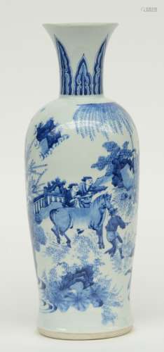 A Chinese blue and white vase, decorated with animated scenes, probably Transitional, H 40 cm (fire fault on the bottom inside)