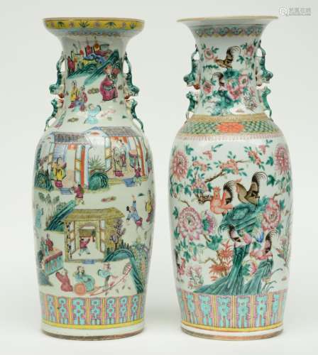 A Chinese famille rose vase, decorated with cockerels and flowerbranches, 19thC; added a Chinese polychrome vase, overall decorated with animated scenes, H 60,5 (hairline)