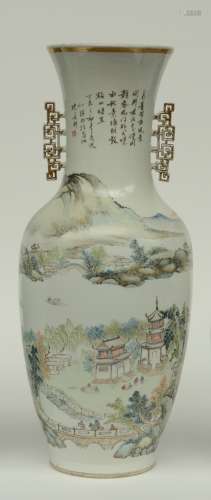 A Chinese polychrome vase, decorated with a river landscape, with calligraphy text H 59 cm (restoration)