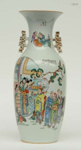 A fine Chinese polychrome decorated vase, one side with an animated scene, the other side with children, signed, 19thC, H 57,5