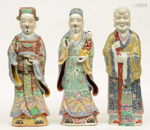 Three Chinese polychrome decorated 'Fu Lou Shou Xing' figures, marked, ca. 1900, H 59 - 59,5 cm (chips and flaking of the glaze)