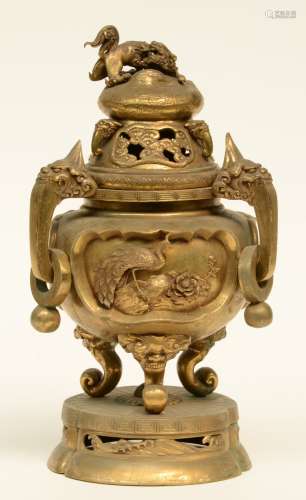 A Chinese gilt bronze incense burner, relief decorated, H 36 cm