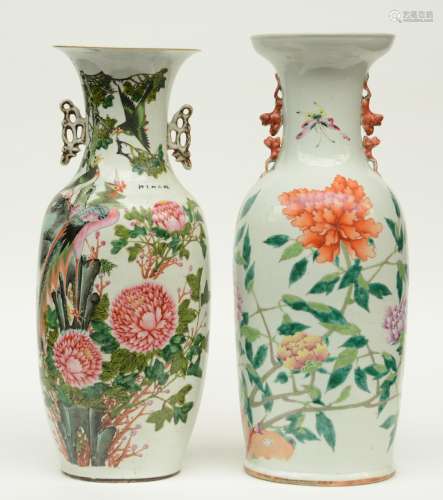 Two Chinese polychrome vases, decorated with flower branches, birds and butterflies, 19thC, H 60,5 - 59 cm (one vase with crack on the bottom)