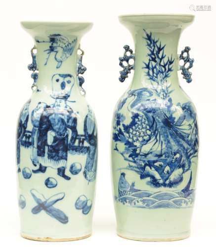 Two Chinese celadon ground blue and white vases, one decorated with Immortals, the other with phoenixes on a flower branch, 19thC, H 56,5 - 58,5 cm