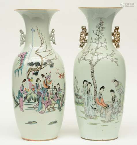 Two Chinese polychrome vases, decorated with figures in a garden, H 58,5 - 59 cm