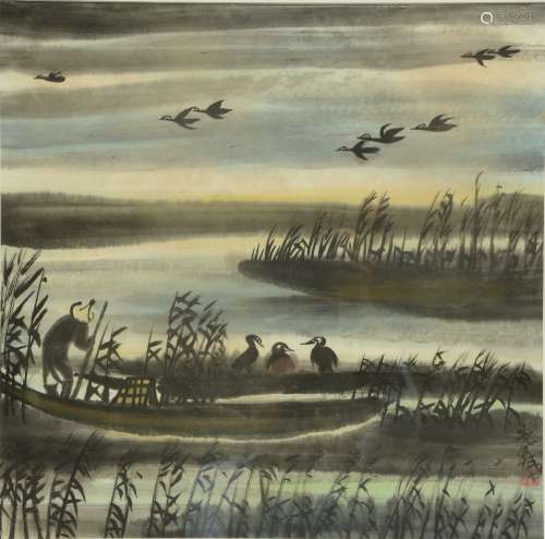 Lin Fengmian, a cormorant fischerman, Indian inkt, watercolour, signed and stamped by the artist; added a certificat by Mr. Gérald Markowitz grandson of the artist (see photograph)