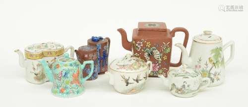 Five Chinese polychrome decorated teapots, some marked; added two Chinese red stoneware teapots, one marked, H 8 - 14 cm (chips and minor damage)