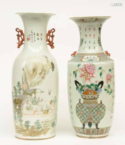 A Chinese polychrome vase, painted with river scenes with figures on boats, 19thC; added a Chinese famille rose vase decorated vases of flowers, 19thC, H 58 - 60 cm