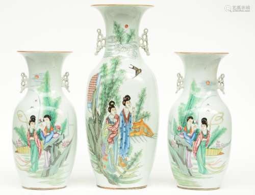A pair of Chinese polychrome vases, decorated with a galant scene; added a ditto vase, H 43 - 57,5 cm (minor chip)