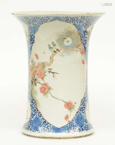 A Chinese blue and white vase, the roundels polychrome decorated with birds and flower branches, 19thC, H 34,5 - Diameter 26 cm (chips on the rim)