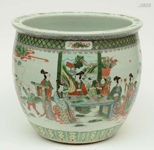 A Chinese famille verte jardinière overall decorated with an animated scene, H 41,5 - Diameter 47 cm