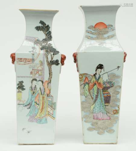 Two Chinese quadrangular polychrome vases, painted with ladies and children, H 54,5 - 57 cm