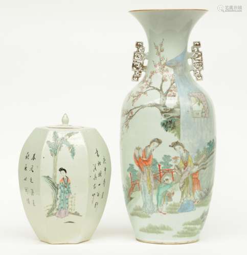 A Chinese polychrome vase, decorated with two ladies and children in a garden; added a Chinese polychrome hexagonal ginger pot and cover, decorated with figures, H 32 - 58 cm (one handle with chips, cover not originel)