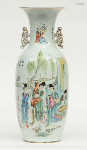 A Chinese polychrome vase, one side painted with a galant scene, the other painted with a boy playing with a toad, signed, H 58,5 cm