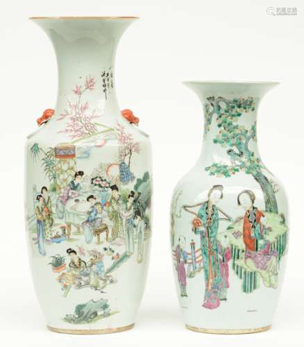 Two Chinese polychrome vases, one painted with a galant garden scene, the other painted with two ladies and children in a garden, H 45,5 - 56,5 cm