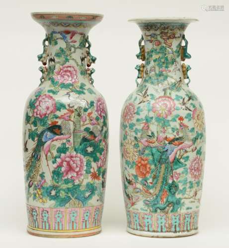Two 19thC Chinese famille rose vases, decorated with phoenix and birds on flower branches, H 60 - 61,5 cm (cracks on the bottom)