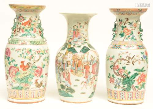 Three Chinese famille rose vases, one painted with the Eight Immortals, two painted with cockerels and birds on flower branches, H 42,5 - 45,5 cm (chips on the rim and crack on the bottom)