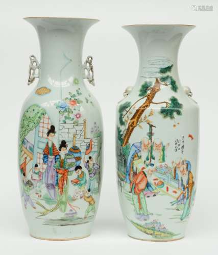 Two Chinese polychrome vases, one painted with sages, the other painted with two ladies and children playing in a garden, H 57,5 - 59 cm (one with crack on the bottom)