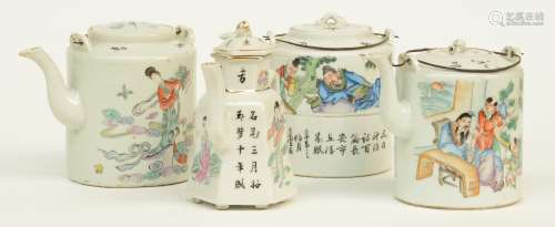 Four Chinese polychrome teapots and covers, decorated with animated scenes, court ladies and flower branches, some marked, ca 1900 (one teapot with chips on the rim and one handle missing)