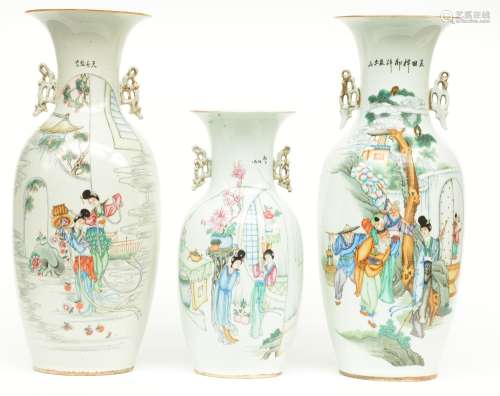 Three Chinese polychrome vases, painted with animated scenes, H 42,5 - 57,5 cm