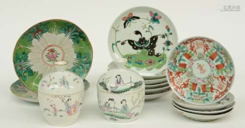 A lot of Chinese famille rose and polychrome decorated dishes and saucers, some marked; added two ditto pots and covers, H 12,5 - Diameter 13 - 17,5 cm (chips on the rim)