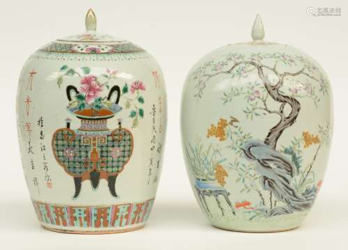 Two Chinese famille rose and polychrome ginger pots and covers, decorated with vases of flowers and flower branches, marked, 19thC, H 31,5 - 32,5 cm (one pot with chips on the rim, both covers not original)