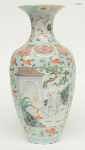A Chinese famille rose vase, floral relief moulded, the panels with animated scenes, marked, H 34 cm