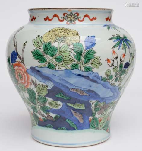 A Chinese famille verte decorated vase, H 27cm (a hole in the bottom)