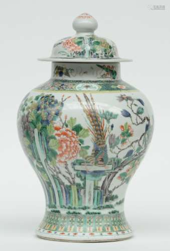 A Chinese famille verte vase and cover, overall decorated with birds on flower branches, 19thC, H 41 cm