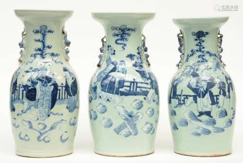 Three Chinese celadon ground blue and white vases, decorated with animated scenes, H 41 - 43 cm (two vases with crack on the bottom)
