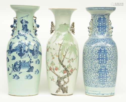 Two Chinese celadon ground blue and white decorated vases, one with the Eight Immortals, one with symbols, 19thC; added a Chinese polychrome vase, decorated with birds on flowerbranches, H 60 - 62 cm 