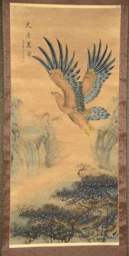 A Chinese scroll painting, watercolor on paper, depicting an Eagle in a mountanious landscape, marked, W 69 - L 184 cm