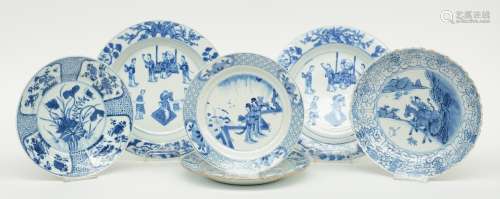 Six Chinese blue and white plates and dishes, decorated with animated scenes, flower branches and a garden, some marked, 18th - 19thC, Diameter 21 - 25,5 cm