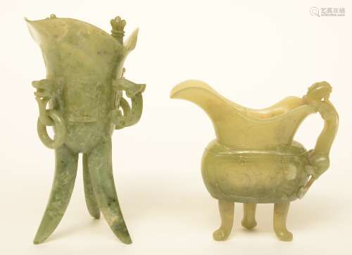Two Chinese archaistic jade ewers, H 14 - 20 cm