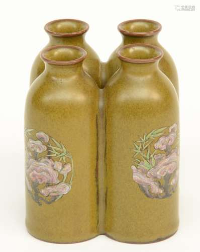 Four attached Chinese tea-dust glaze and famille rose miniature vases, Yongzheng mark, H 9,5 cm