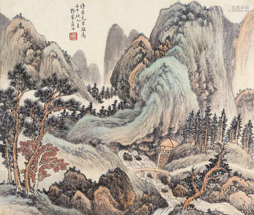 应野平 1942年作 秋山小景 镜框 设色纸本