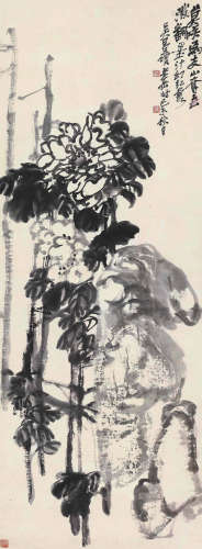 吴昌硕 1919年作 墨牡丹 立轴 水墨纸本